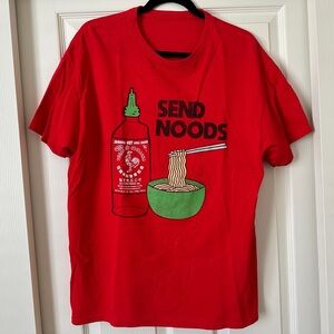 Red T-Shirt with Sriracha and Noodles Graphic